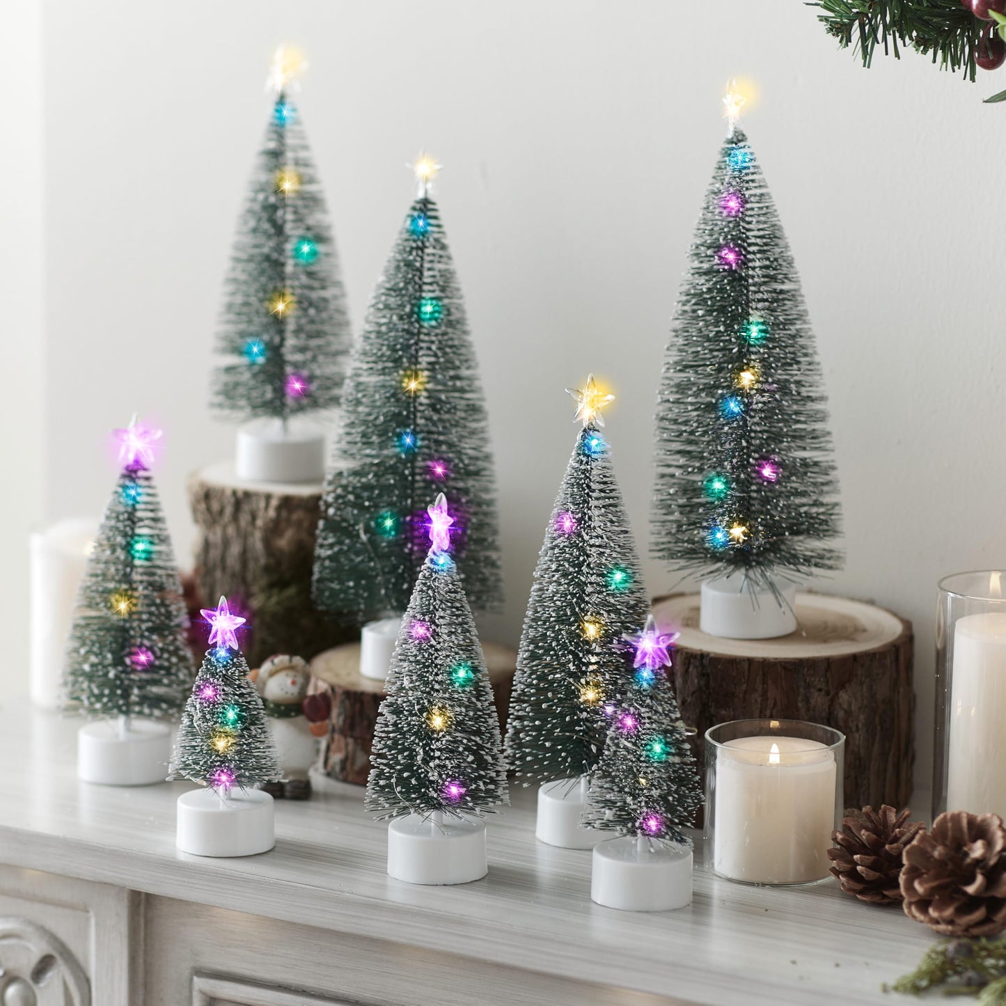JOYIN 8 Pcs Mini Xmas Tree with LED Lights, Prelit Classic Small Christmas Decor in 4 Sizes with Star Topper, Tabletop Artificial Tree with Snow for Xmas Indoor Home Decor Holiday Festive (Green)
