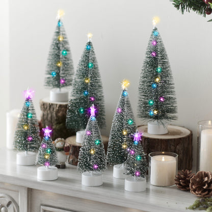 JOYIN 8 Pcs Mini Xmas Tree with LED Lights, Prelit Classic Small Christmas Decor in 4 Sizes with Star Topper, Tabletop Artificial Tree with Snow for Xmas Indoor Home Decor Holiday Festive (Green)