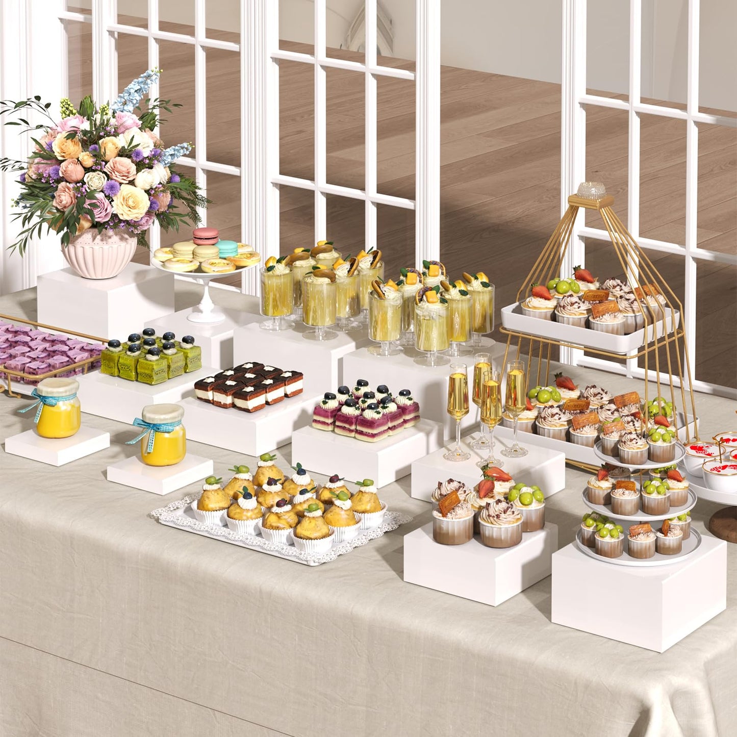 6PCS Buffet Risers with Mini Sign and Marker, Food Risers for Buffet Table, Catering Dessert Cake Stand for Party, Display Riser for Collectibles, Dessert Table Display Set, Acrylic Boxes Nesting Risers, White (5"x6"x7"8"x9"x10")