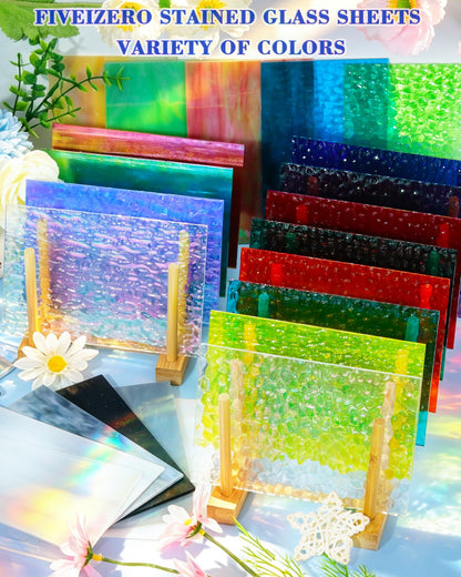 FIVEIZERO 24 Sheets Textured Stained Glass 4x6 Inch – Patterned Cathedral Glass for Privacy Windows, Mosaic Art, Fused Glass, Suncatchers & Lamp Shades – Stained Glass Supplies
