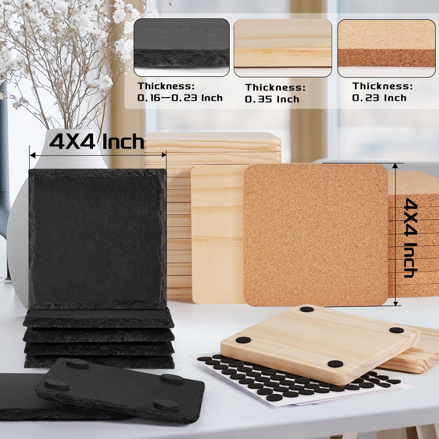 90 PCS Coaster Bulk for Laser Engraving, MAPRIAL 4 Inch 30 PCS Blank Black Slate Stone, 30P Cork Coasters, 30 PCS Wood, Engravable Materials for Engraver, Mom Gifts, Painting, Crafts, Square