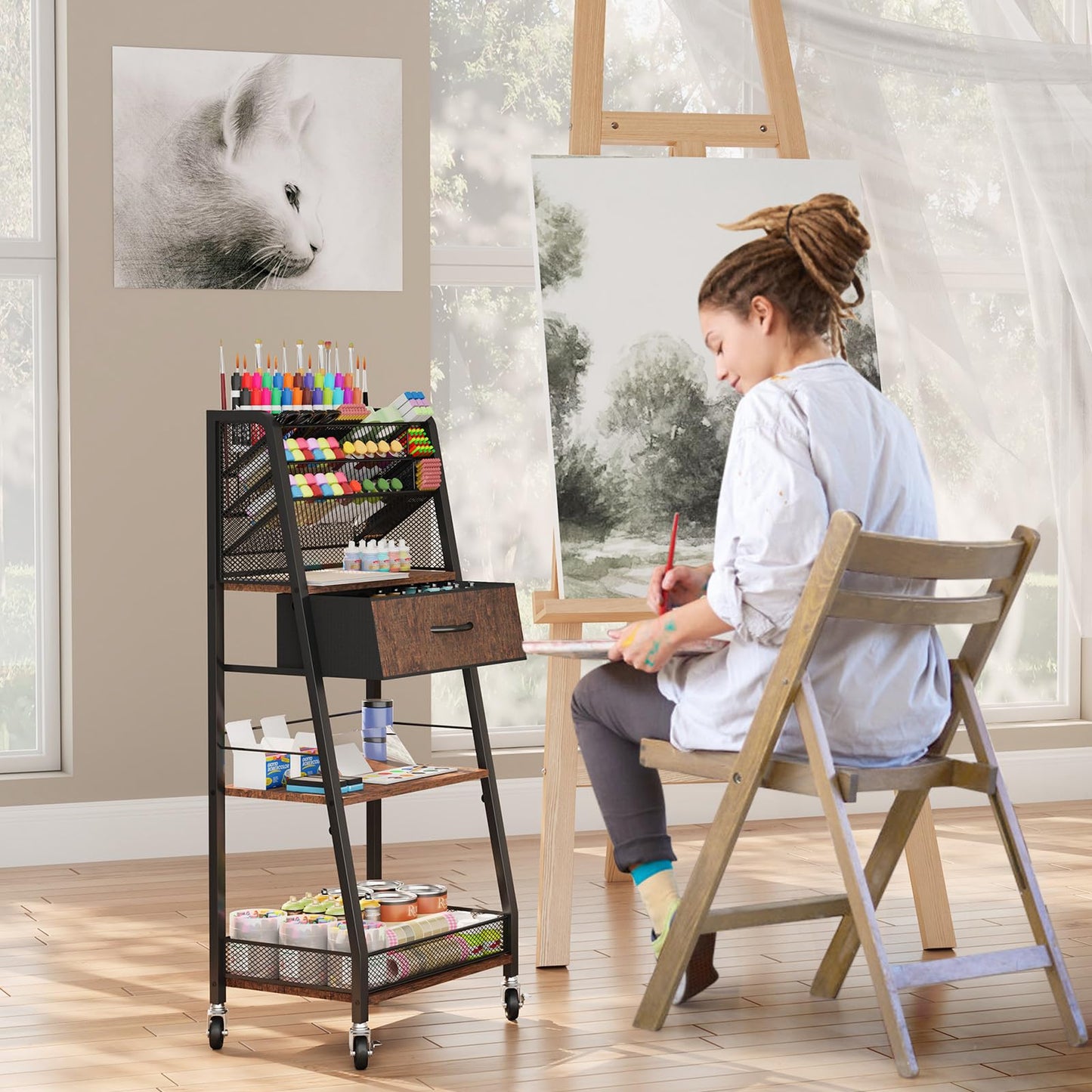 Homsorout 3 Tier Rolling Cart - Metal Utility Cart with Storage Drawer and Wheels, Versatile Art & Craft Organizer for Home, Office, or Studio - Ideal for Storing Brushes, Paints, and Supplies