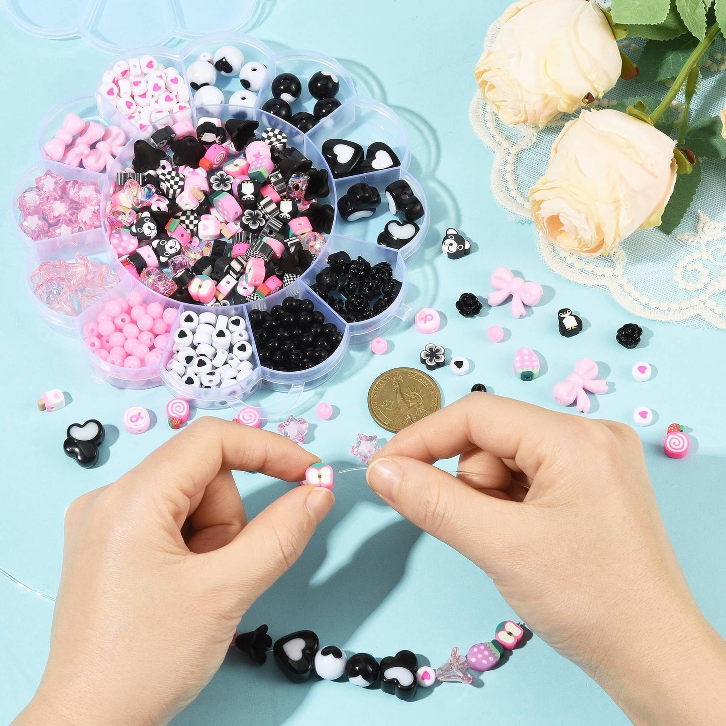 MakemadeDIY 440Pcs Assorted Beads for Bracelets Making, Including Cute Acrylic Polymer Clay Resin Beads Caps for Jewelry Necklaces Earrings Making Crafts Supplies