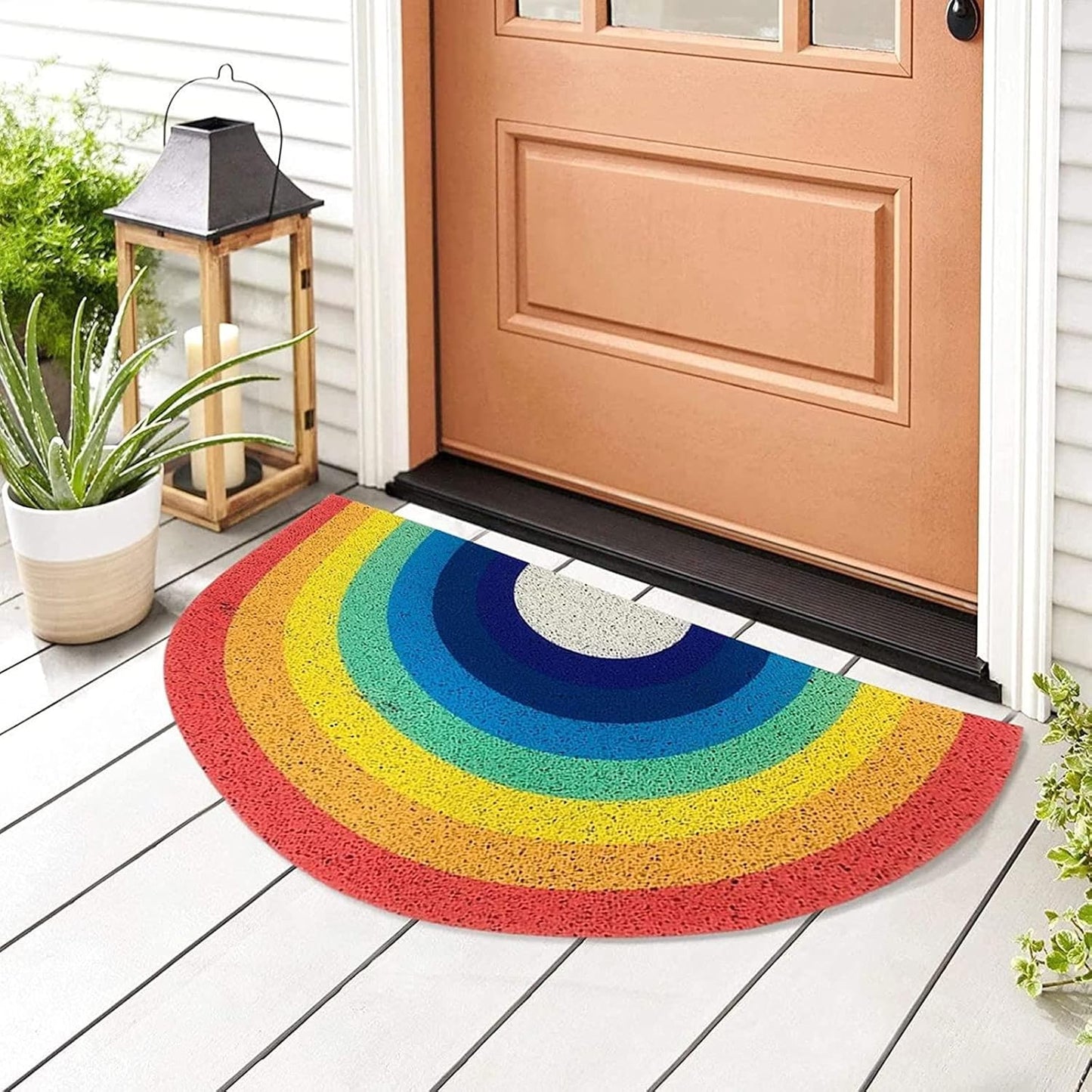 Rainbow Welcome Mat, Half Circle Doormat for Front Door, 15.7"x31.5" Non Slip Absorbent Carpet for Home Entrance