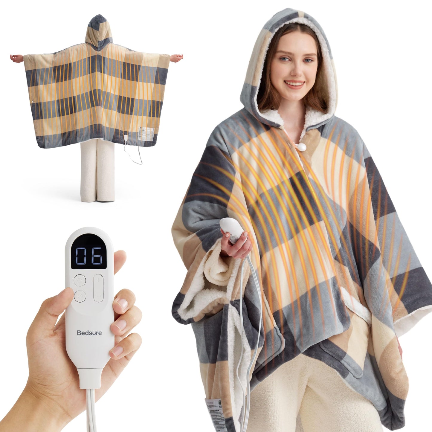 Bedsure Heated Blanket Wearable Shawl - Electric Wrap Poncho Blanket Hoodie for Adult, Birthday Gifts for Mom Women, Sherpa Heating Throw with 4 Time Settings & 6 Heat Settings, 55x64 inches, Grey