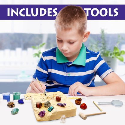 DANCING BEAR Gem stone Dig Kit, Excavate 16 Real Gems & Crystals including Arrowheads, Quartz Point and Amethyst, STEM Education for Kids, Fun Rock Mining Science Activity Gift Sets for Girls and Boys
