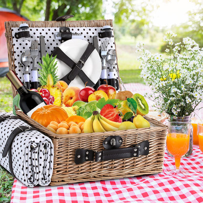 HYBDAMAI Picnic Basket for 4 Persons with Waterproof Picnic Blanket and Insulated Cooler, Large Wicker Picnic Basket for Camping, Outdoors, Valentine's Day, Christmas, Birthday, Wedding Gift