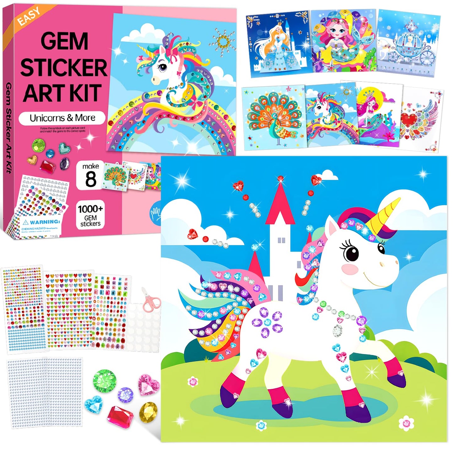Gem Art Sticker Kit, Arts and Crafts for Kids Age 4-12, 8 Unicorn Princess Themes Diamond Art Kit, Gemstone Sticker Crafts Christmas Birthday Gifts for Girls Ages 4,5,6,7,8 Year Old