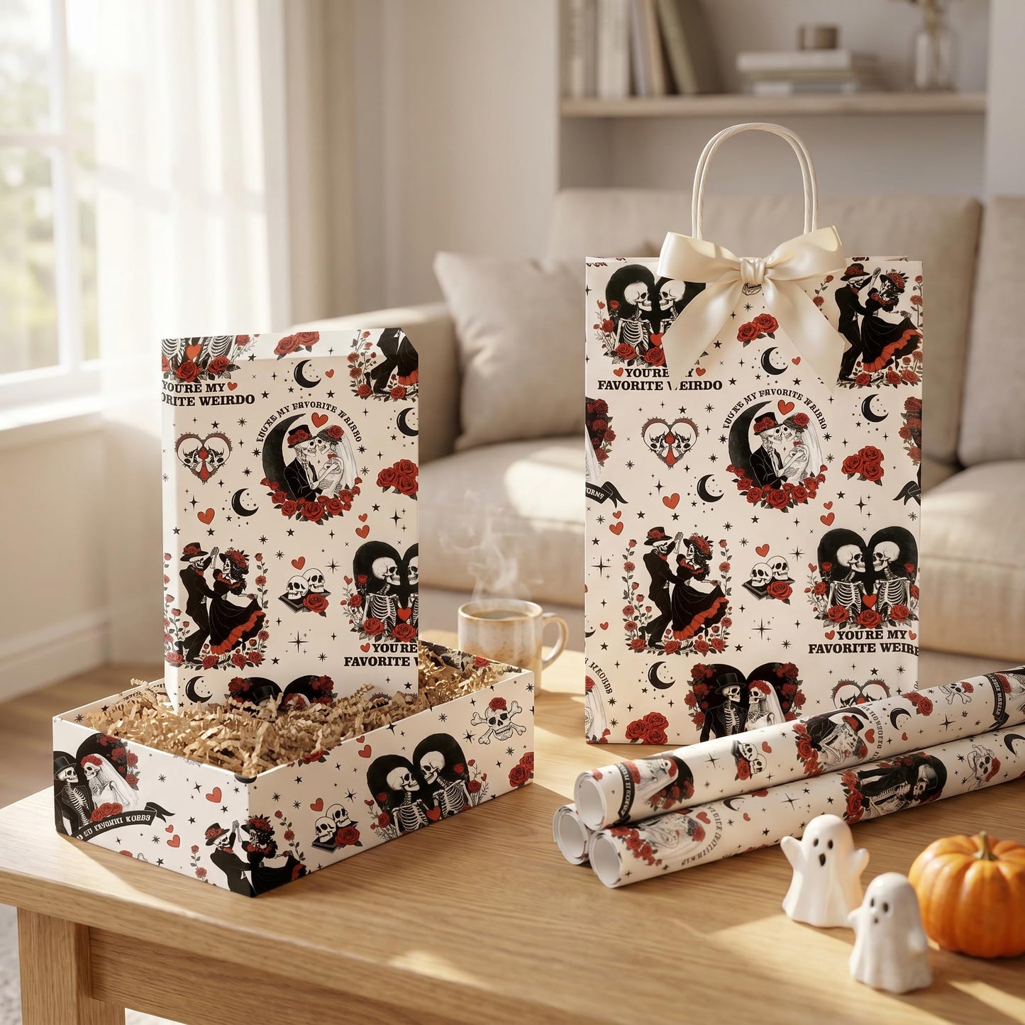 Joviwrap Gothic Anniversary Wrapping Paper Roll, Skull Couple Romantic Wrapping Paper, Black Red Skeleton Rose Present Packaging for Goth Weirdo Lovers Birthday Wedding Halloween, 17 In x 16.4 Ft
