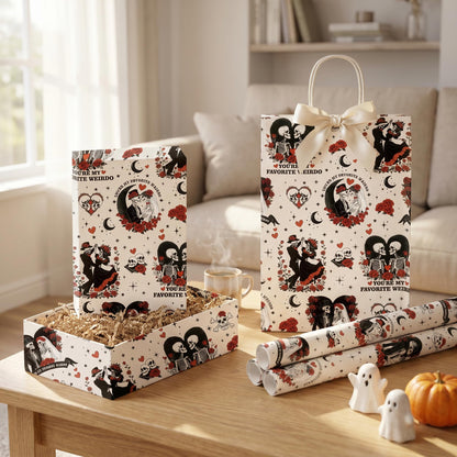 Joviwrap Gothic Anniversary Wrapping Paper Roll, Skull Couple Romantic Wrapping Paper, Black Red Skeleton Rose Present Packaging for Goth Weirdo Lovers Birthday Wedding Halloween, 17 In x 16.4 Ft