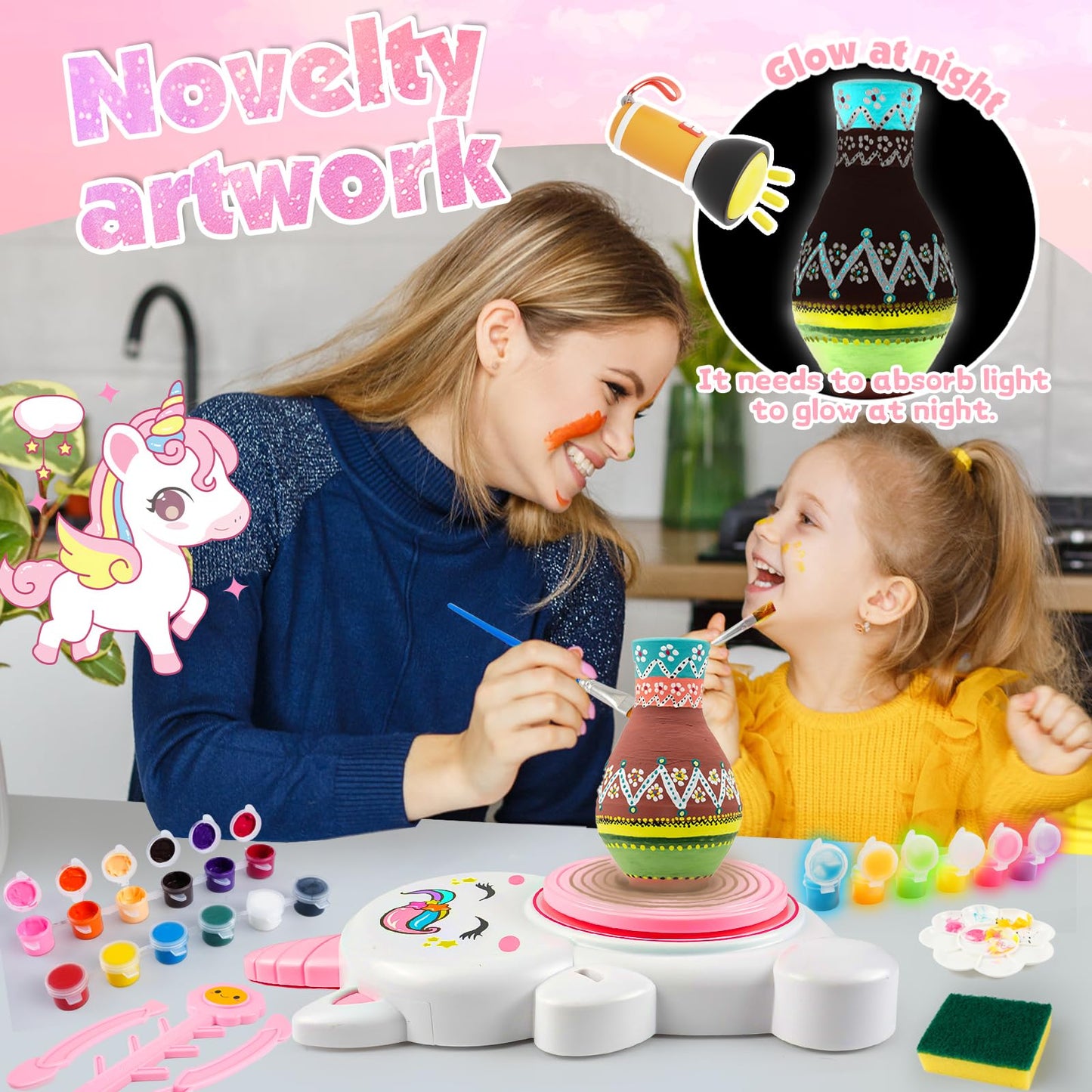 Pottery Wheel Kit for Kids with Glow Paints, Complete Pottery Arts Crafts Toys for Girls 8-12, Art Supplies for Kids 6 7 8 9 10 11 12 Toys Girls Birthday with Drawing Molds Tablecloth Air Dry Clay