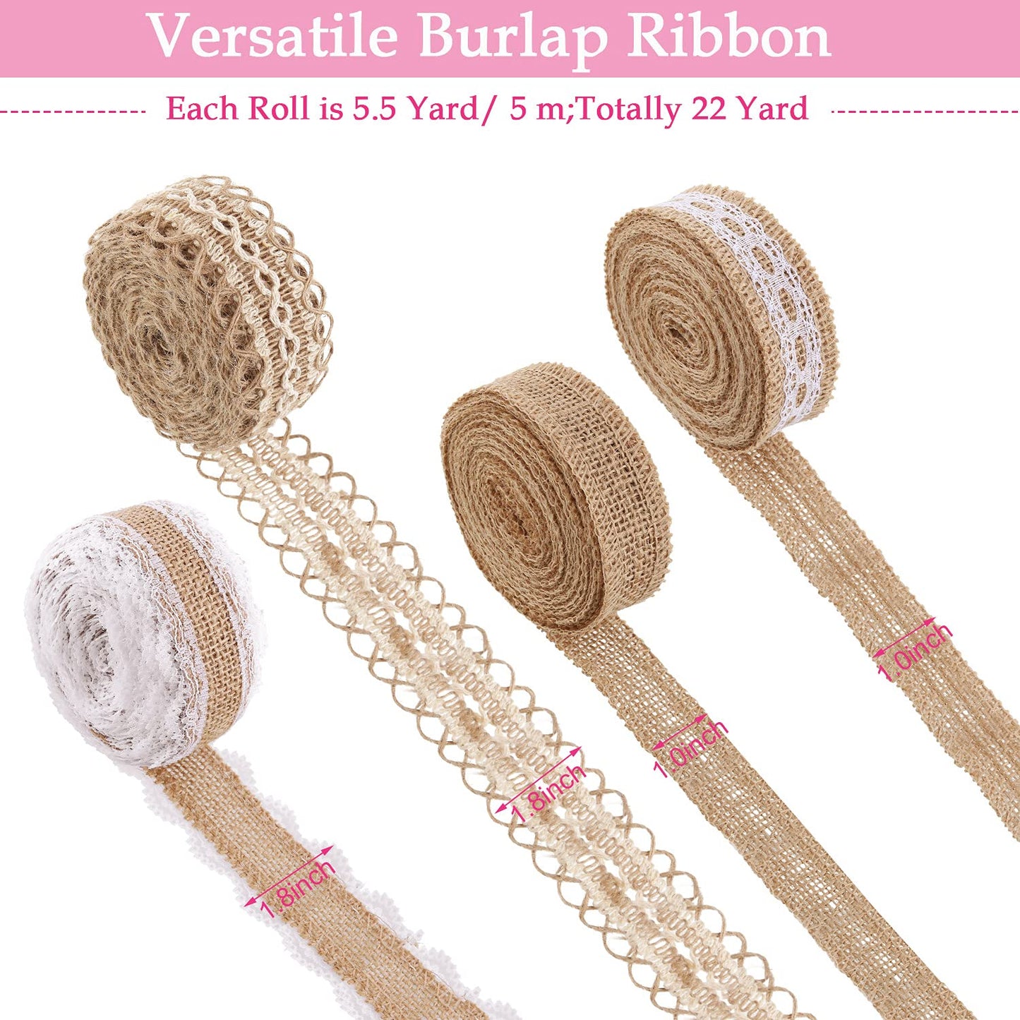 WILLBOND 4 Rolls Burlap Ribbon Lace Roll Crafts Ribbon with 32 Feet Twine Rope for Wedding Rustic Decoration DIY Handmade Crafts, 5.5 Yards for Each