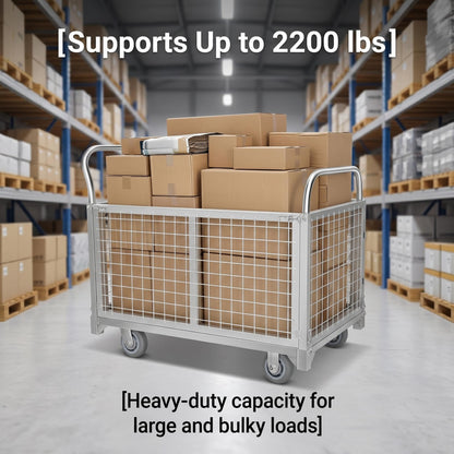 Platform cart, with cage, 4-in-1 Multi-Purpose Rolling Heavy-Duty cart, Rollable Folding cart, Load Capacity 2200 pounds, pushcart with 4 Wheels, Used in Grocery Stores,garages, Warehouses (Silver)