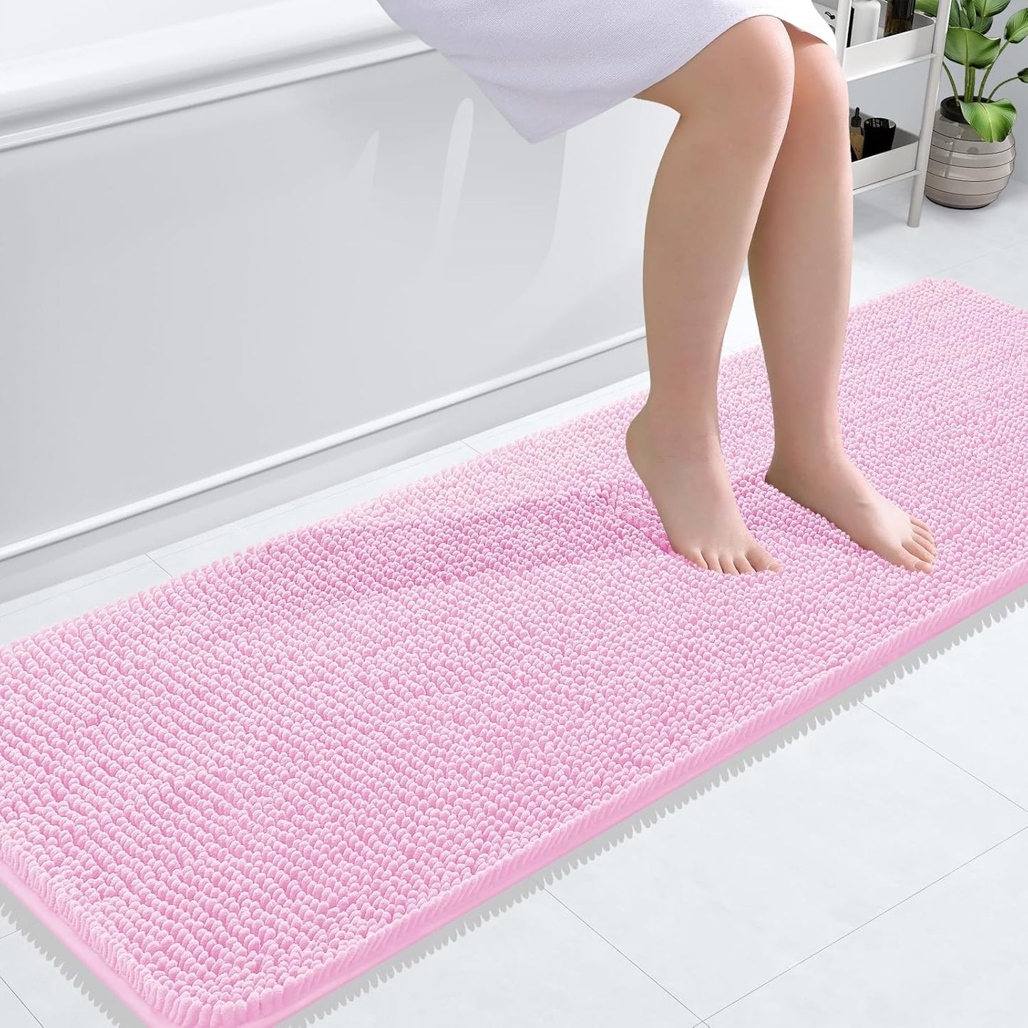 OLANLY Bathroom Runner Rug - Extra Soft Chenille | Quick-Dry, Rubber Backing, 59x20 Inches, Pink