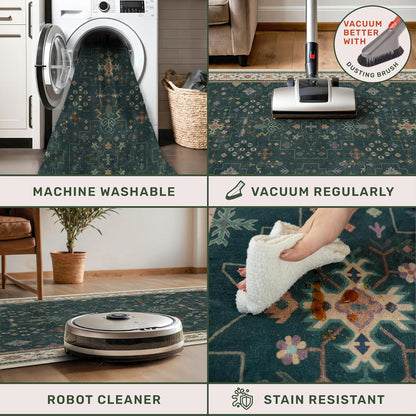 Regine Switzerland Dark Green Washable Runner Rug - 2'6"x10' Non-Skid Indoor Carpet for Hallway & Entryway