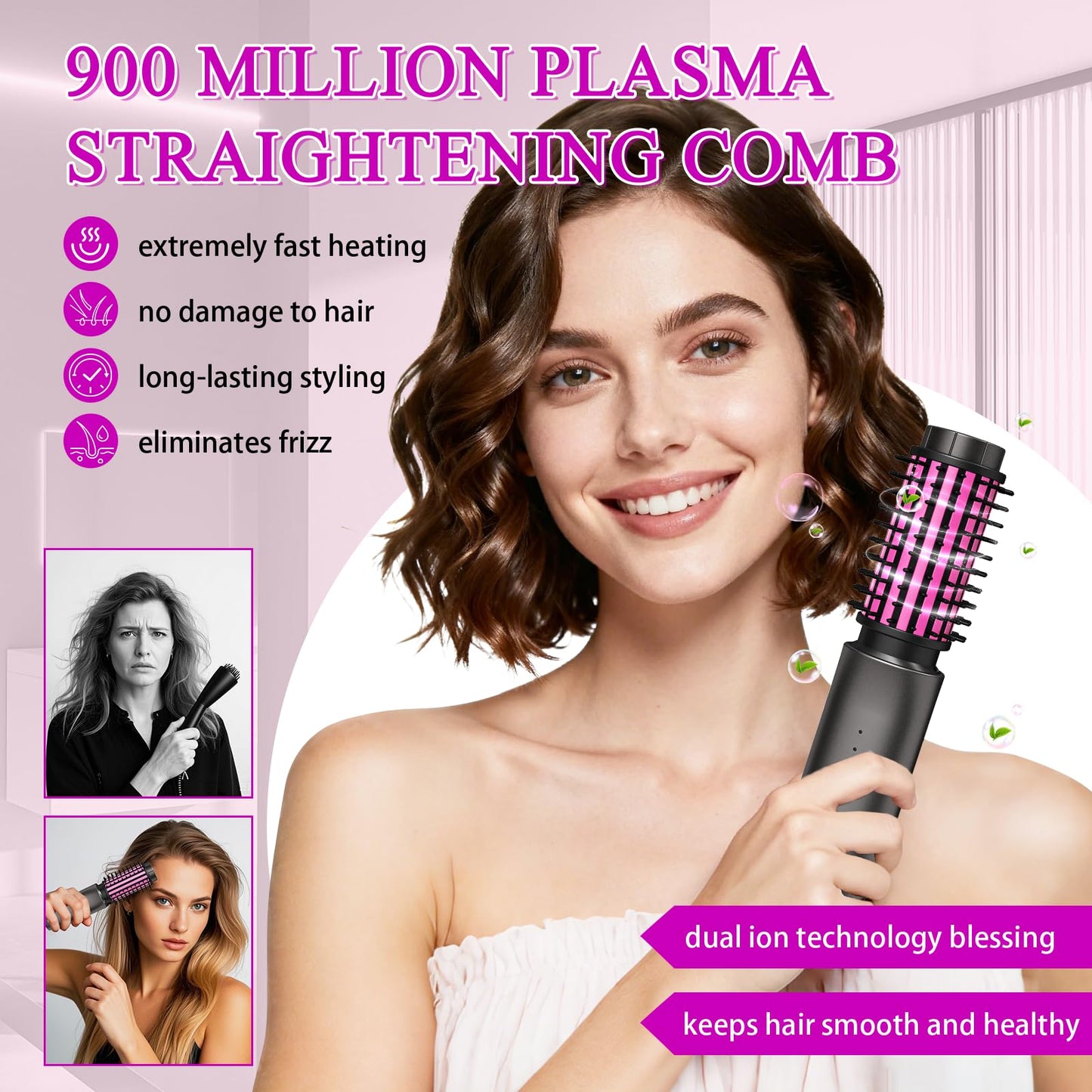 Cordless Hair Curling Iron Brush, Travel Curl Brush, 3-in-1 Portable Curling Iron Cordless, Plasma Thermal Hair Brush, 7000mAh USB Rechargeable Curlings Wand, Mini Hot Curlings Brush-Blush Pink