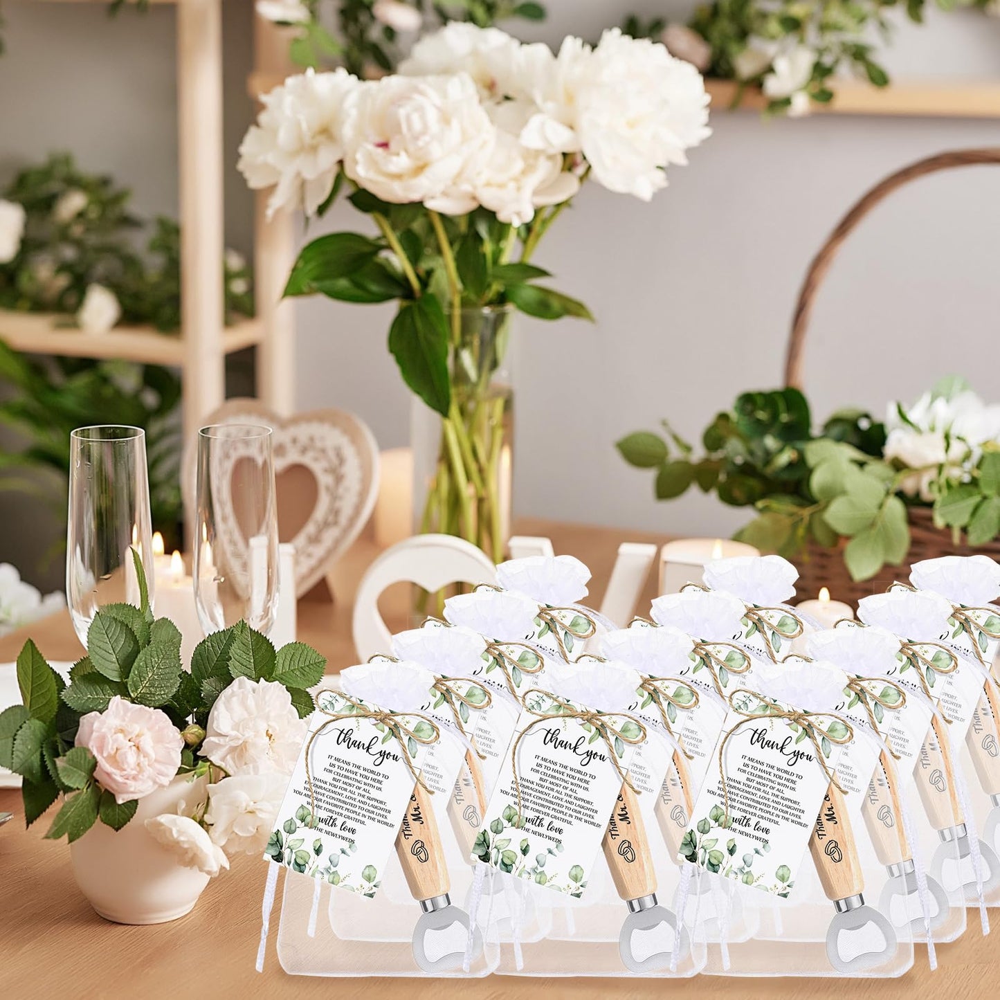 Dandat 100 Set Wedding Favors: Bottle Opener, Thank You Cards, Organza Bags & Jute Twine for Party Favors & Decoration