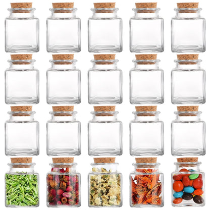 Dicunoy 20 PCS Glass Favor Jars with Cork Lids, 2 OZ Mini Square Vials Bottles for Herb Storage, Small Spice Containers for Tea, Jelly, Candy, Wedding & Party Favors, DIY Crafts