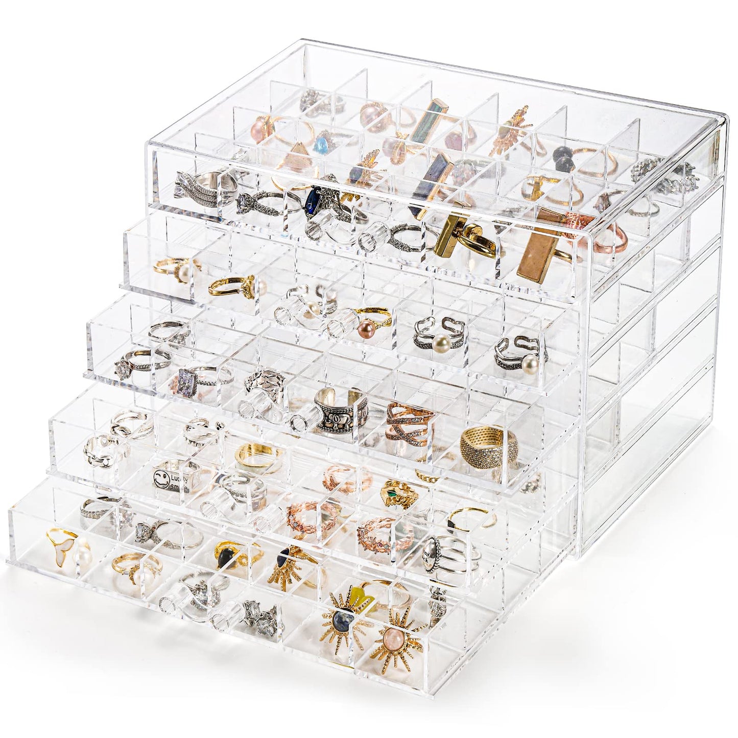 yarlung Acrylic Jewelry Storage Box Earring Holder with 5 Drawers, 120 Grids Jewelry Organizer Tray Clear Ring Display Case for Beads, Nail Tips, Women Girls, Birthday Gift