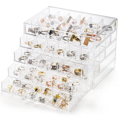 yarlung Acrylic Jewelry Storage Box Earring Holder with 5 Drawers, 120 Grids Jewelry Organizer Tray Clear Ring Display Case for Beads, Nail Tips, Women Girls, Birthday Gift