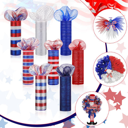 Newwiee 8 Rolls Patriotic Mesh Ribbon for Wreaths 10 Inch x 30 Feet Each Roll Veteran Decor Red White Blue Mesh Ribbon Metallic Foil 4th of July Decoration DIY Crafts Making Supplies