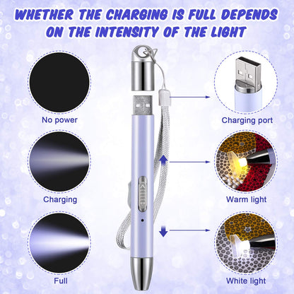 Chuangdi 2 Pcs Diamond Painting Art Drill Pen with Light Diamond Painting Accessories and Tools 12 Pen Heads 2 Anti-slip Mats 2 Wax Organizer Cases for DIY Craft Supplies(Purple, Green)