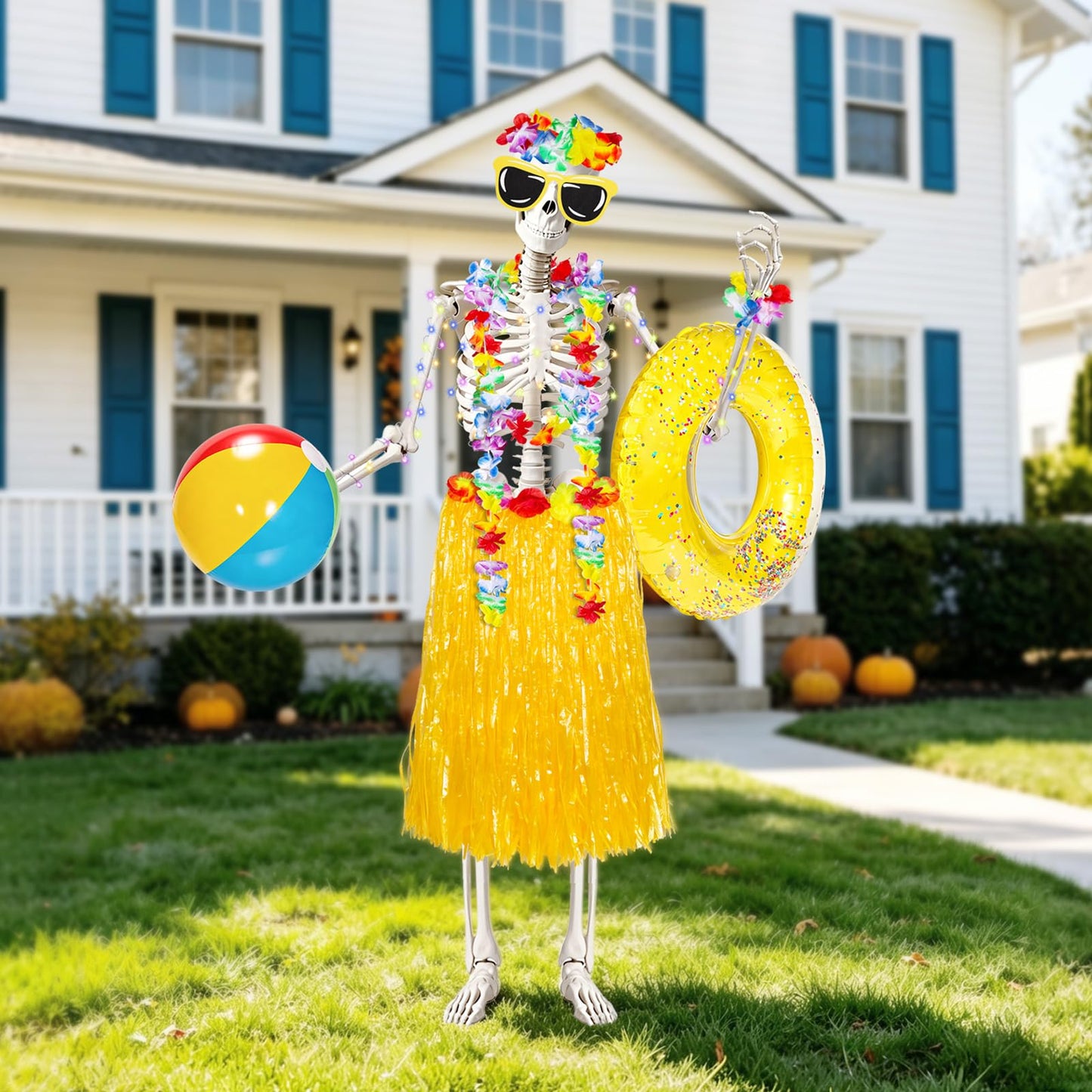 12 ft Summer Skeleton Outfits Accessories, 10 Pcs Hawaiian Hula Giant Skull Grass Skirt Costume Clothing Kit with Sunglasses Swim Rings & Beach Balls for Outdoor Yard Lawn Summerween Luau Decorations