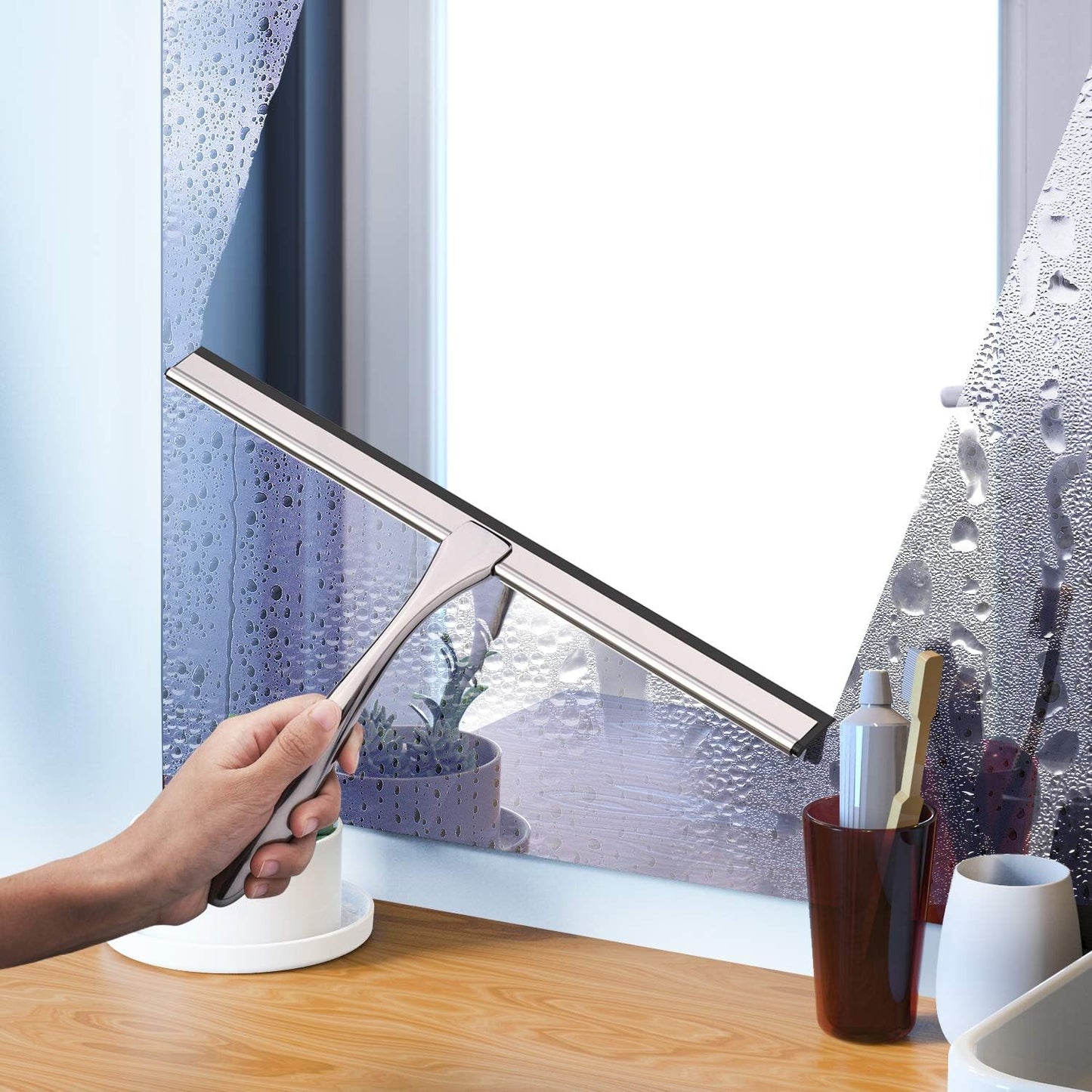 Stainless Steel Shower Squeegee, 14 Inch for Shower Doors, Bathroom, Mirrors, Tiles, Car Windows with 2 Hooks (Silver)