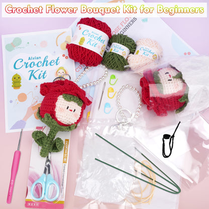 Alvian Handmade Crochet Rose Dumpling Fairy with Keychain - Flower Bouquet Beginners Crochet Kit for Valentine's Gifts, Birthday, Anniversary, Everlasting Rose Flower Craft Kit