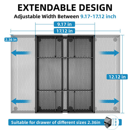 Marbrasse Expandable Desk Drawer Organizer, Mesh Drawer Organizer Tray with 10 Adjustable Compartments, Desk Organizers and Accessories, 5 Dividers Drawer for Office Supplies, Makeup & Vanity (Black)