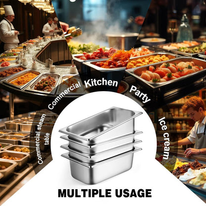 West Bay 4 Pack 1/4 Size Hotel Pan with Lids, 4'' Deep Steam Table Pan with Lid, 10.2''L x 6.3''W Stainless Steel Pans for Home, Party, Hotel, Buffet