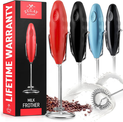 Zulay Double Grip Milk Frother with Holster Stand Handheld Electric Coffee Frother, One-Touch Foam Maker Detachable SS