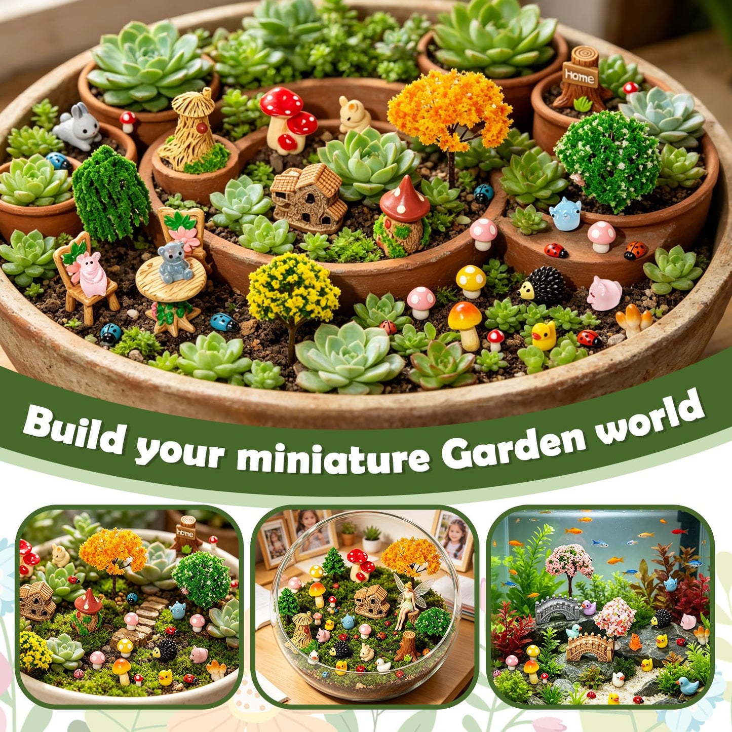 65 Pcs Mini Fairy Garden Accessories, Resin Ornaments Kit with Bridge, Mushroom, Fence, Animals for DIY Bonsai, Potted Plants & Tabletop Landscape Decor
