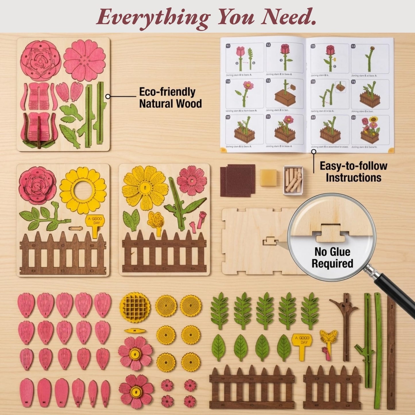 Gueiddi 3D Wooden Flower Puzzle for Adults, Wooden Wildflower Bouquet Model Building Kit, DIY Artificial Floral Stem for Home Decor, Unique Birthday for Women, Mom & Teens
