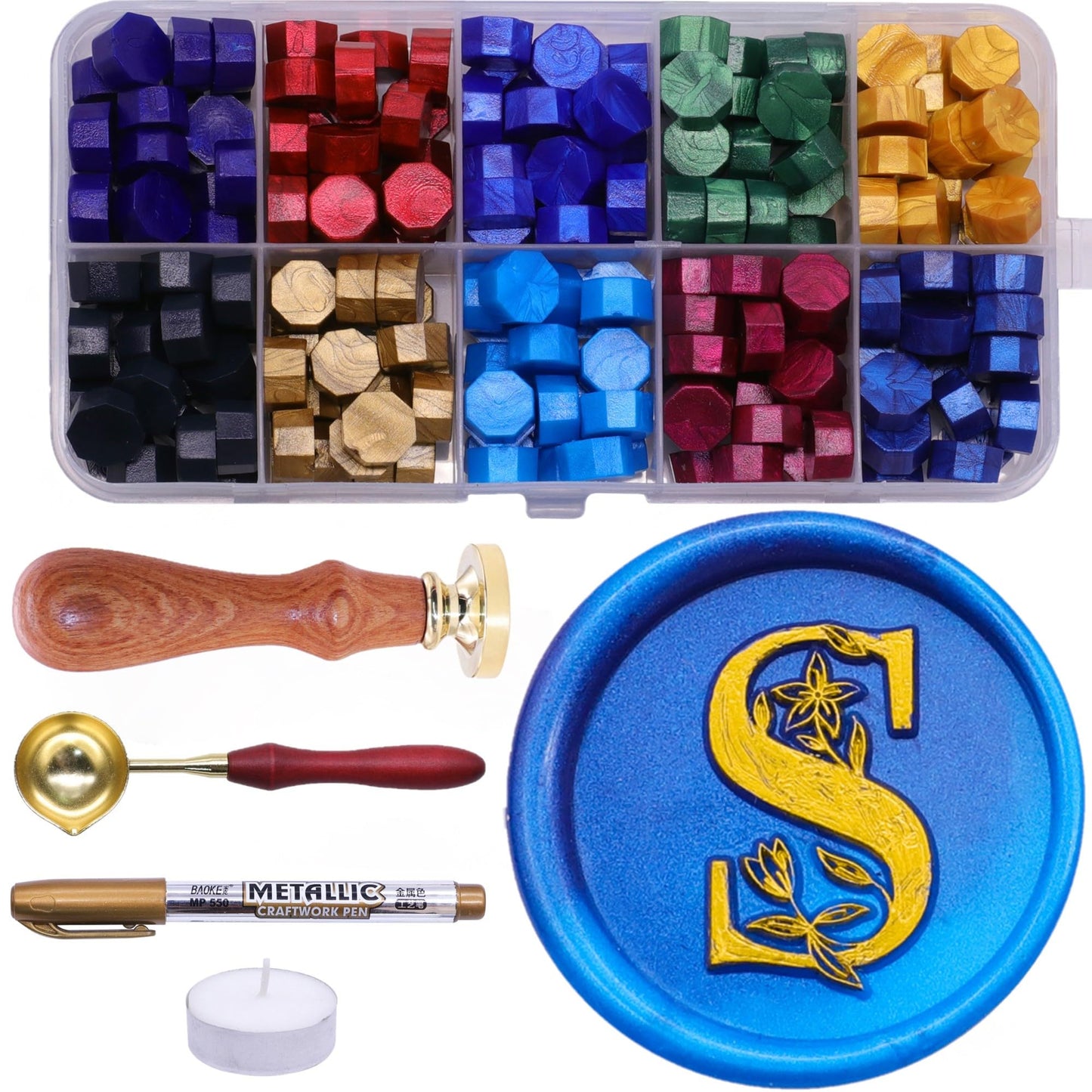 SWANGSA Initial Alphabet S Wax Seal Stamp Kit, Elegant Botanical Flower Floral Letter Sealing Stamp with 200pcs Sealing Wax Beads Kit (S)