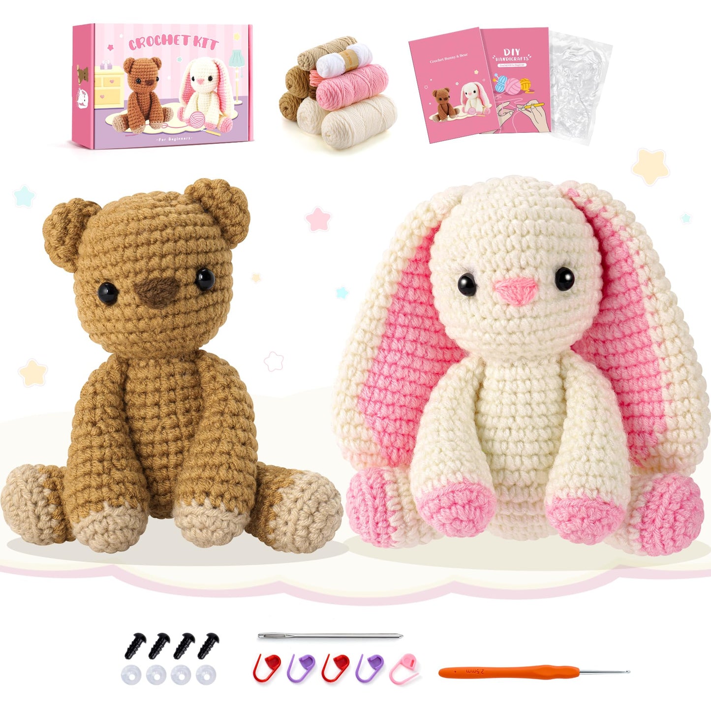 Crochet Kit for Beginners, Bunny and Bear Crochet Kit with Step-by-Step Video Tutorials, Bunny Crocheting Kit for Starter, Beginner Crochet Kit for Adult, Stuffed Animal Knitting Kit for Birthday