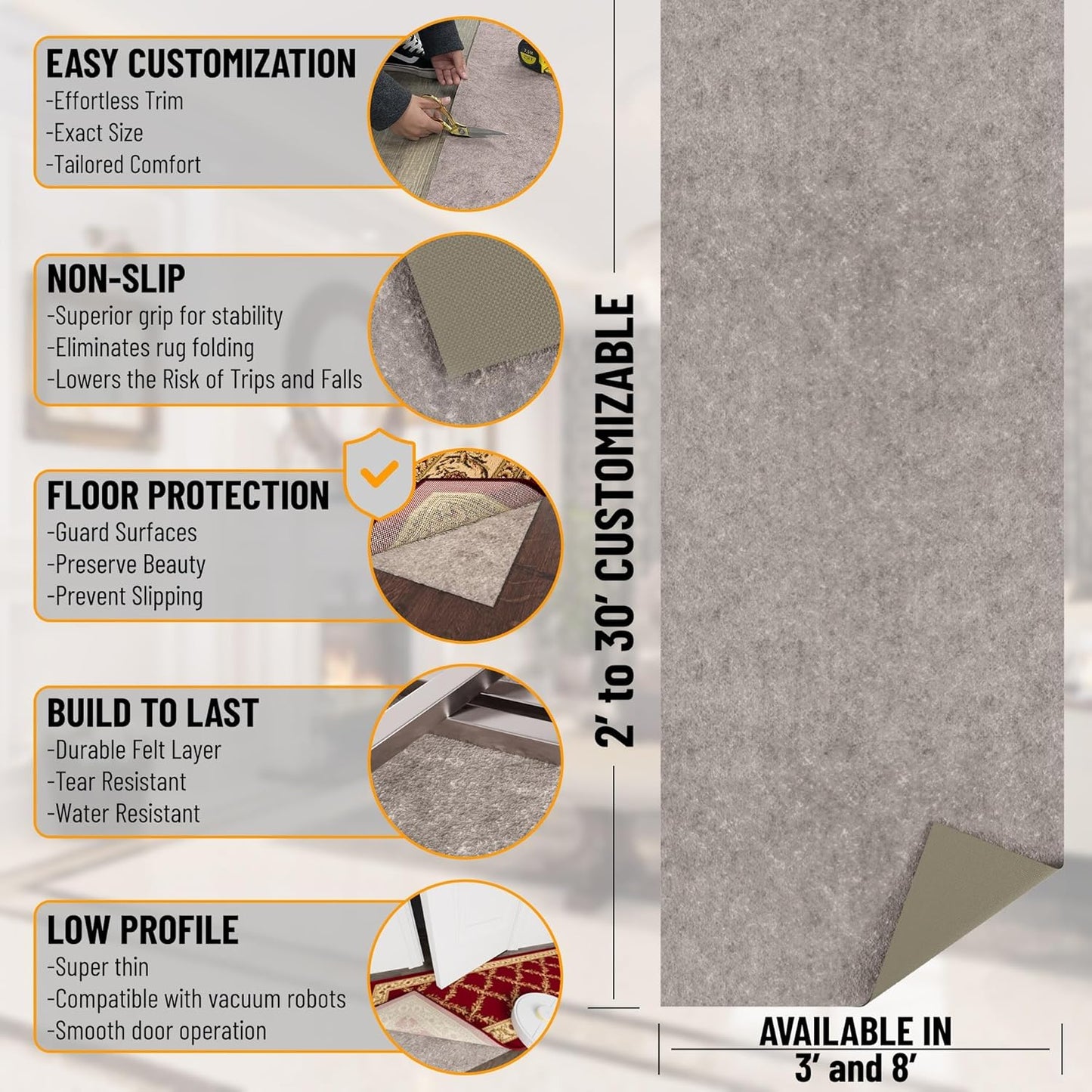 3' 11' 1/4 Inch Ottomanson x Non-Slip Rug Pad Gripper Thick Dual Surface Felt + Rubber Gripper - Safe for All Floors
