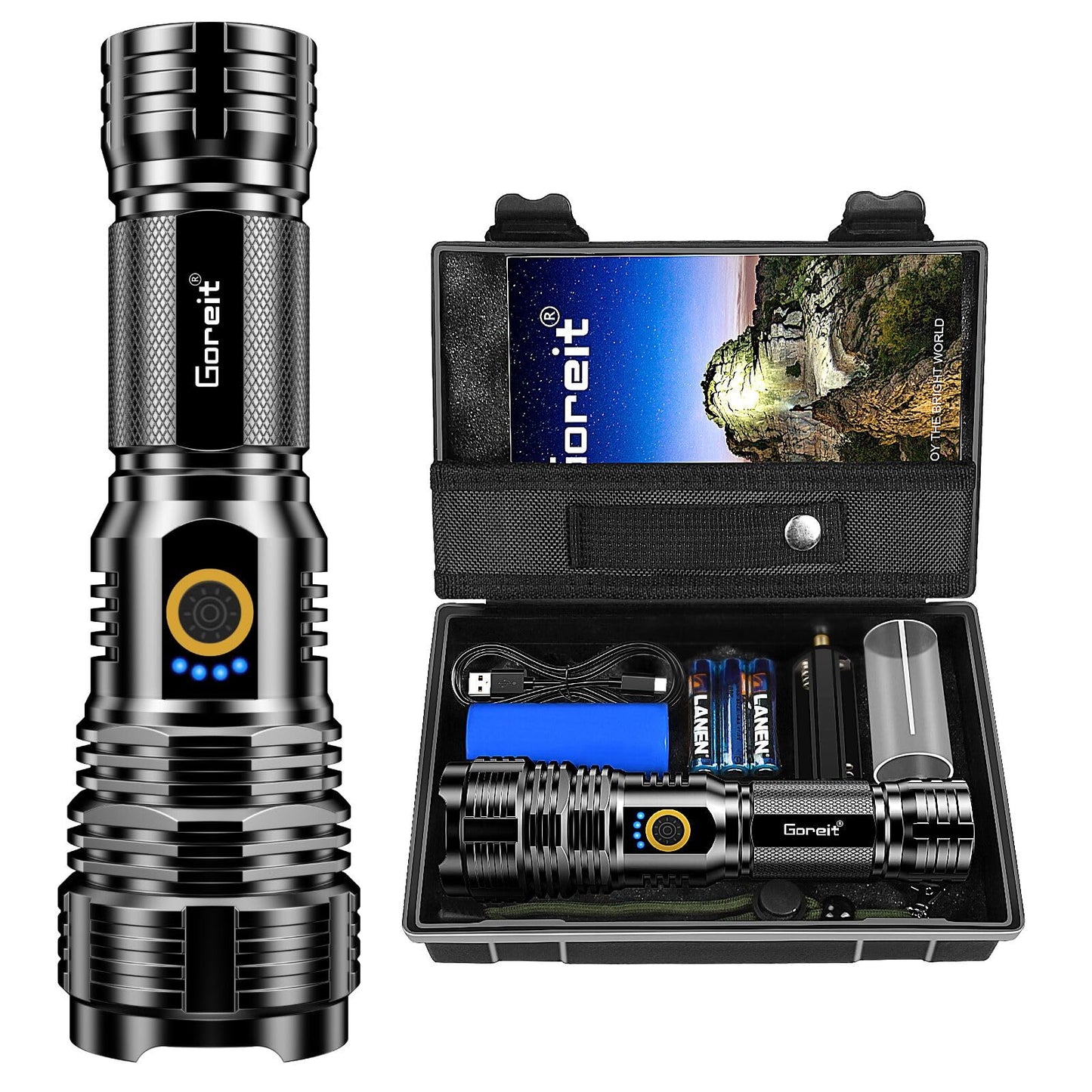 Goreit Flashlights LED High Lumens Rechargeable, 2000 Lumens XHP70.2 Super Bright Flashlight, Flash Light Battery Powered, Powerful Handheld Flashlight with Holster for Emergency Camping Hiking Gift