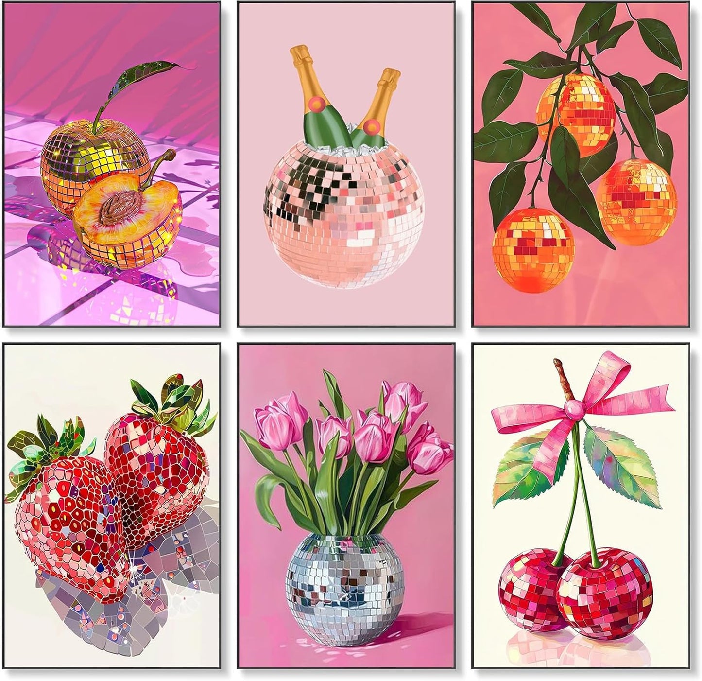 AIBOERL 6 Pack Diamond Art Kits for Adults,Disco Ball Strawberries Diamond Painting Kits for Beginner Round 5D Full Drill Diamond Dots Crafts for Home Wall Decor Gifts 12x16Inch