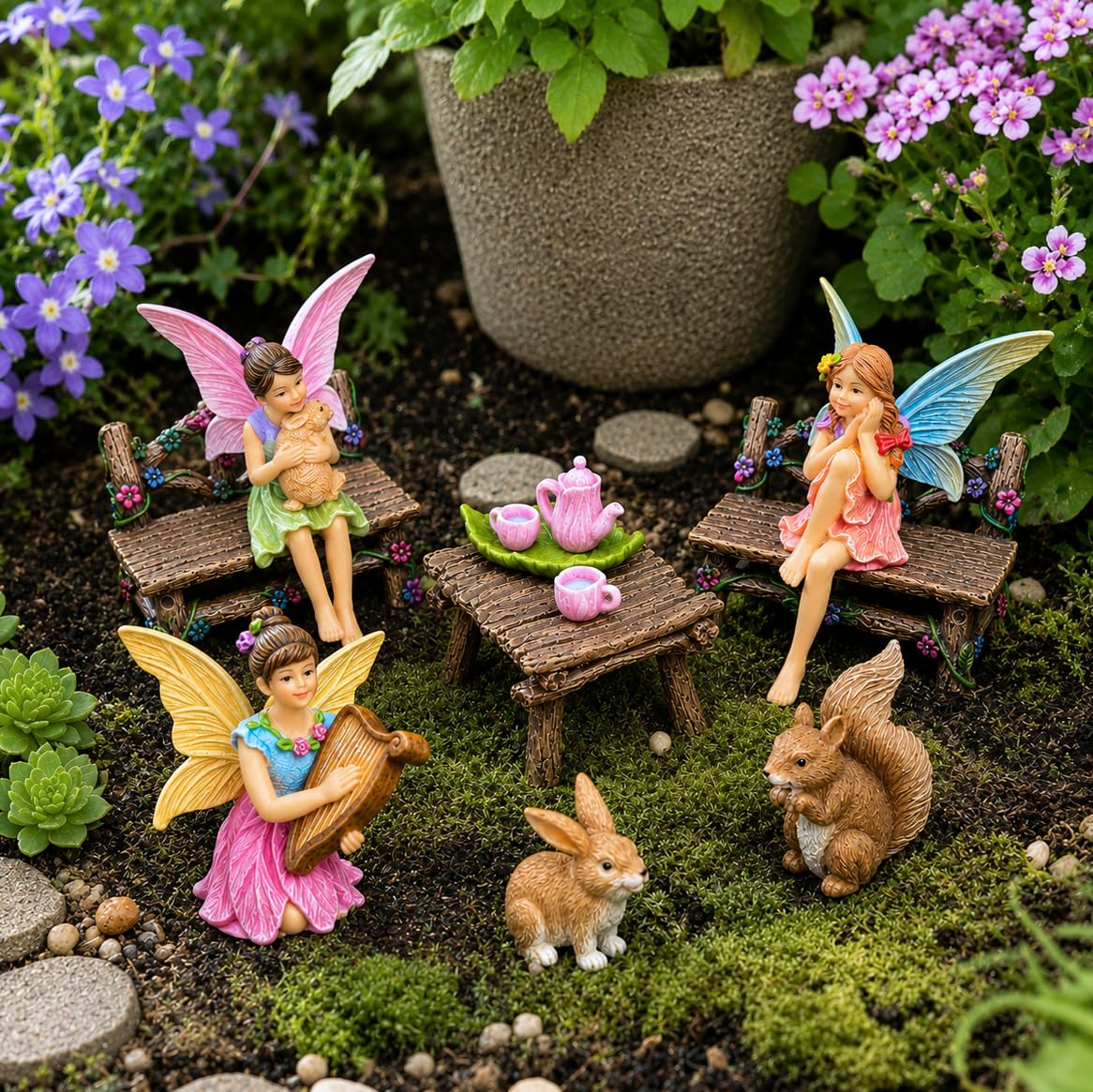 Mood Lab Fairy Garden Figurines - Miniature Decor Set (12 pcs) - Statues & Accessories - Outdoor & Indoor Garden Decor