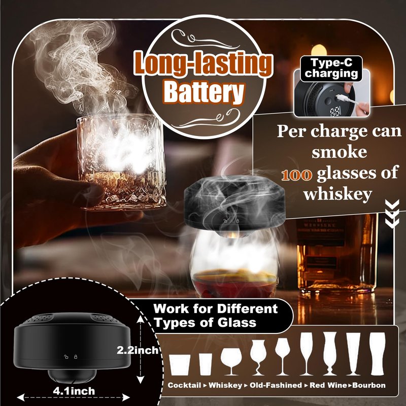 Electric Whiskey Smoker Kit With Light Modes, No Butane Needed, Rechargeable Cocktail Smoker Kit with LED Display & 6 Wood Chips, Old Fashioned Smoker Kit Bourbon Gifts for Men Dad Him