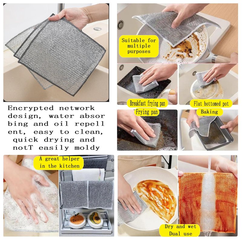 Double layer metal wire scratch free cloth, dry and wet dual-purpose metal wire dishwashing cloth, suitable for kitchen cleaning, cookware, tableware, sink, stove, etc., easy to rinse (10 pieces)