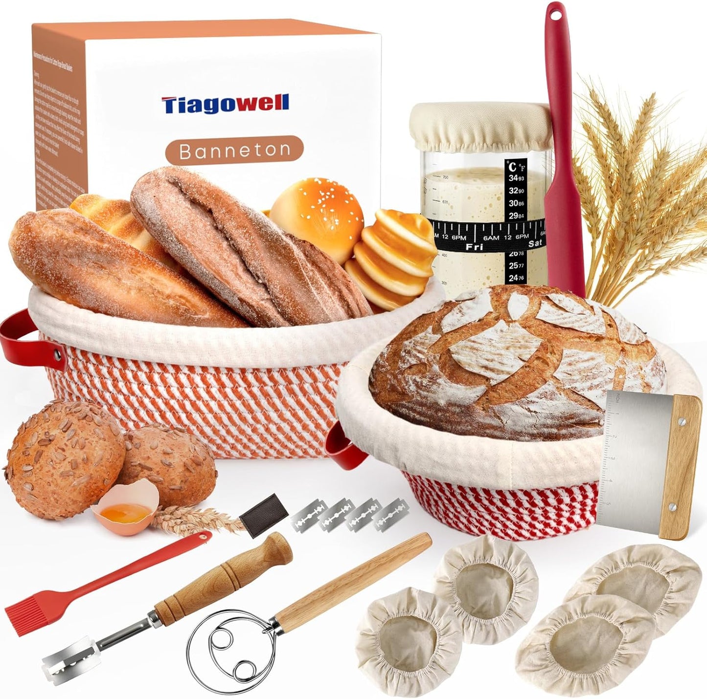 27oz 2 Sourdough Starter Kit, Banneton Bread Proofing Basket, Sourdough Bread Baking Supplies with Starter Jar