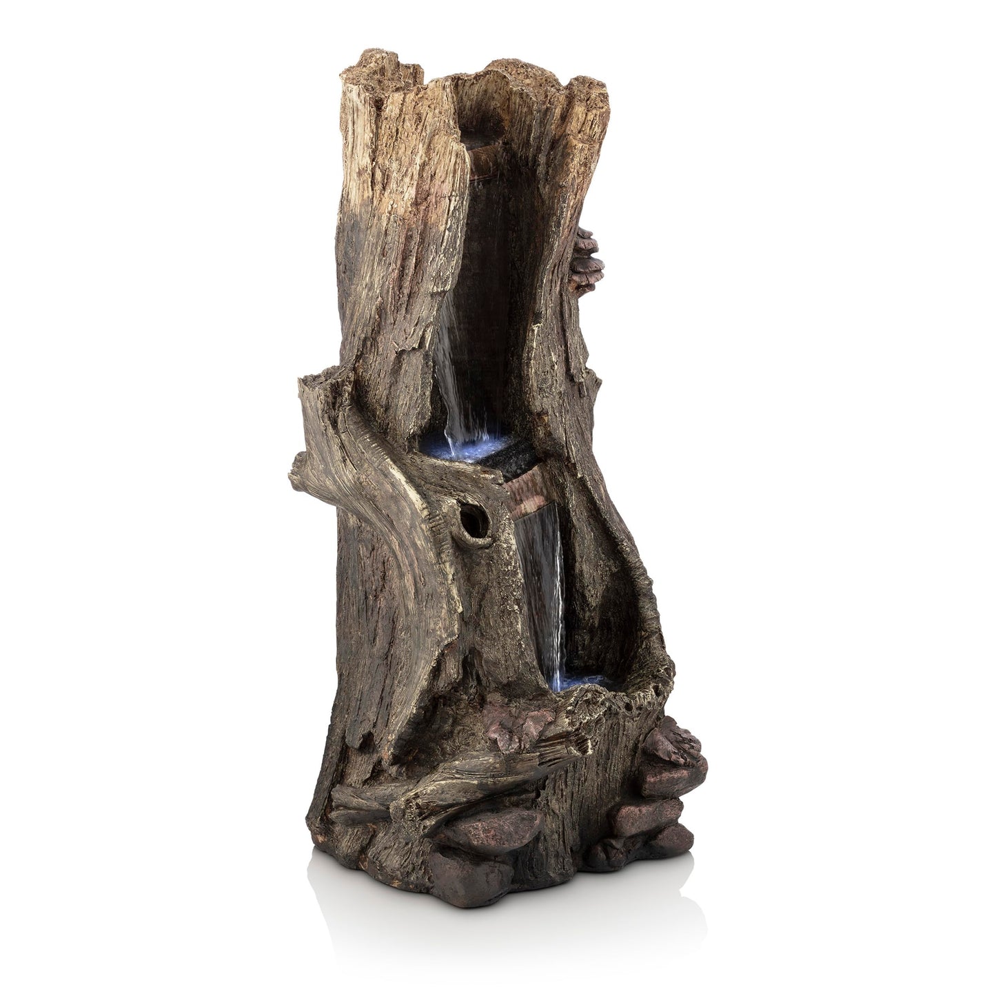 Alpine Corporation WIN258 Outdoor Rainforest Waterfall Tree Trunk Floor Fountain with LED Lights, Tiered Garden Decor, 41" H, Brown