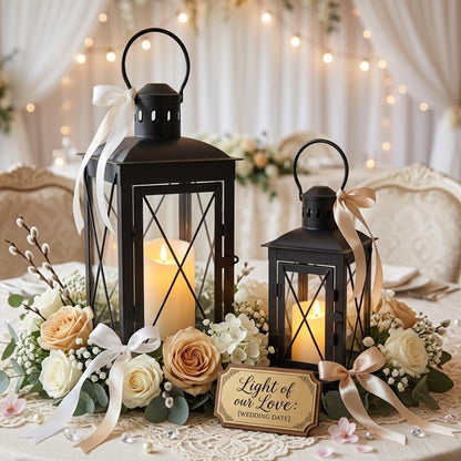TRIROCKS Set of 2 Decorative Candle Lantern 12'' & 8'' High Metal Candle Holder Hanging Lantern Perfect for Home Decor Patio Living Room Parties Events Tabletop Indoors Outdoors (Black)