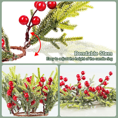 IWNTWY 6Pcs Christmas Candle Ring Wreaths, Artificial Red Berries Pine Branches Leaves Candle Rings for Pillars Candle Holder, Home Christmas Party Table Centerpiece Decoration