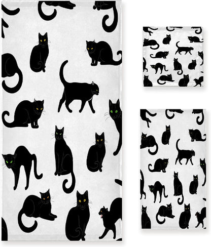 3 Sets, 1 1 1 Set Black Cats Piece Towel Bathroom Bath Towel, Washcloth, Hand Towel, Cotton Fast Dry Soft Absorbent