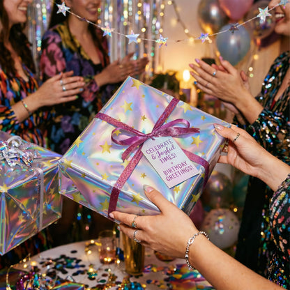 Cheerland Iridescent Gift Wrap Gold Star Holographic Wrapping Roll Foil Metallic Stars for Birthday Disco Baby Shower Celestial Starry Night Galaxy Wedding Bridal Halloween Euphoria Party Supplies