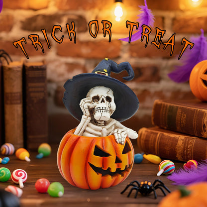 CFFOWNUG Skeleton Halloween Indoor Decoration: 6.1'' Witch Hat Skeleton Ornament with Solar Pumpkin for Home Fireplace Office Party Perfect Figurine Gift for Gothic Lovers