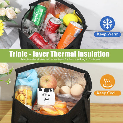 VZZNN 20 Pack Insulated Grocery Bags Bulk, Reusable Shopping Bags with Sturdy Zipper & Handles, Large Foldable Washable Thermal Cooler Totes for Hot Cold Food Transport, Travel & Lunch(Black)